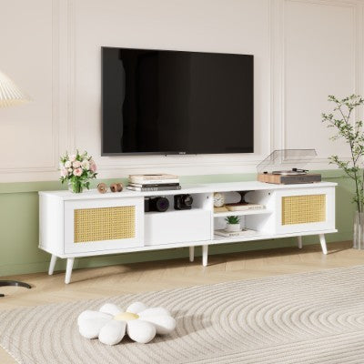 200 Cm Long TV Stand Made Of Oak Rattan For 90-inch TV - Cable Management, 2 Doors, 1 Drawer & 3 Open Storage Space, TV Stand, TV Base Cabinet, Living Room Base Cabinet, TV Lowboard