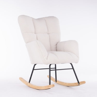 Mid Century Modern Teddy Fabric Tufted Upholstered Rocking Chair Padded Seat For Living Room Bedroom,Ivory White