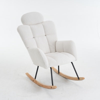 Soft Teddy Fabric Tufted Upholstered Rocking Chair Padded Seat With Headrest For Living Room Bedroom,Ivory White