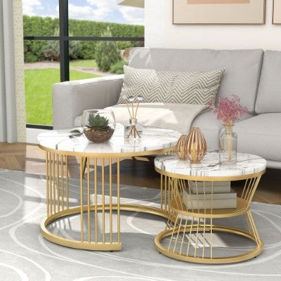Round Coffee Tables, Removable Set Of 2 End Table, Nesting Tables With Gold Metal Frame Legs And Marble Pattern Top For Living Room, Bedroom, Office, Balcony, Apartment