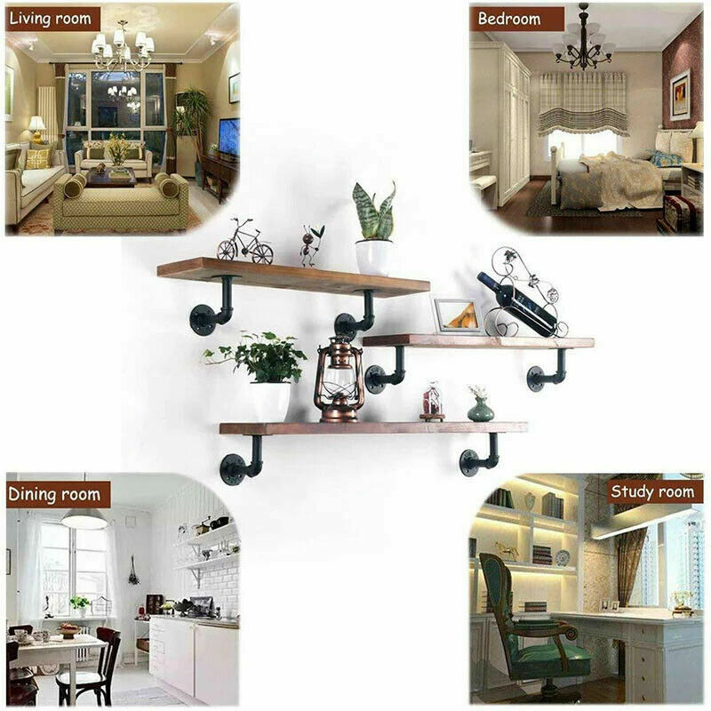 2PCS Pipe Shelf Brackets Industrial Iron Rustic Wall Floating Shelves Storage Unit