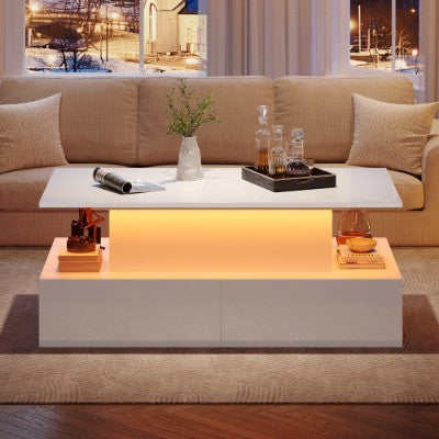 LED High Gloss Coffee Table With 4 Drawers, Lift Top Coffee Table, Wood Lifting Table Tea With Storage,Rectangular Coffee Table With Storage, 90 X 55 X 42.5 Cm, White