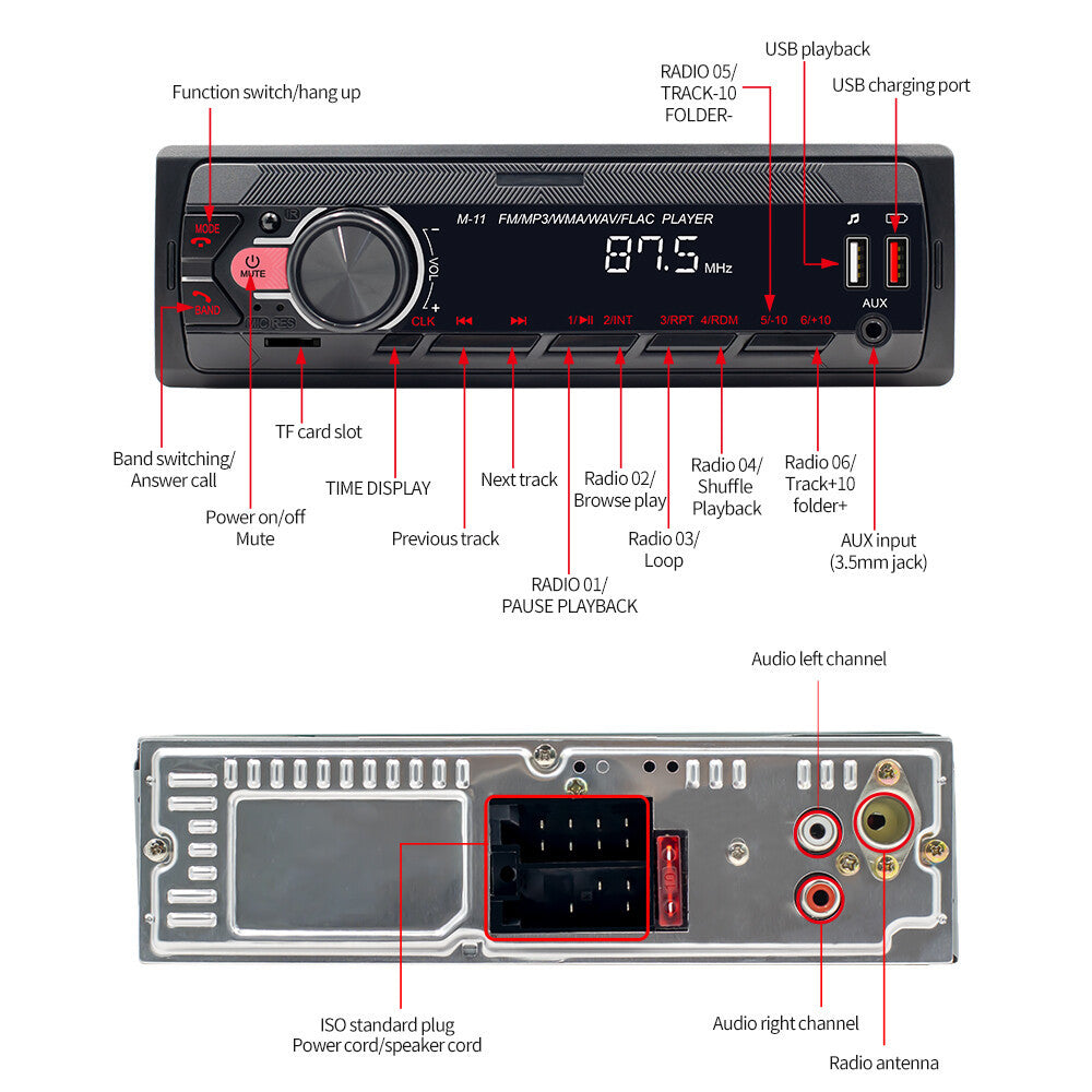 Single 1 Din Car Stereo Radio Bluetooth MP3 Player In-dash Head Unit FM-USB-AUX