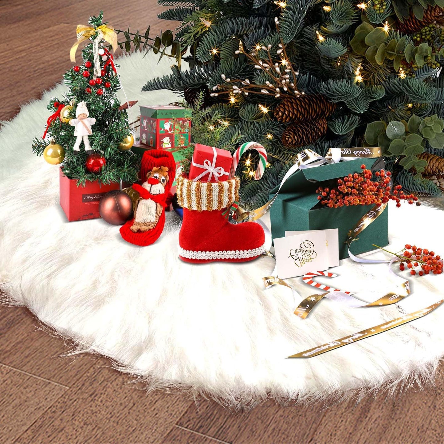 Plush Christmas Tree Skirt 90cm 36inch White Base Cover For Xmas & New Year Decor