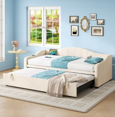 Upholstered Bed 90x190cm, Daybed, Sofa Bed With Charging Station, 3ft Single Velvet Bed With USB And Type - C Ports, Pull Out Trundle Bed For Living Room Bedroom Study Room, Beige No Mattress