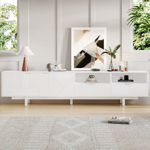 Modern Bohemian TV Cabinet, White Geometric Lines TV Stand, TV Entertainment Center With Storage Space, 200X40X51 Cm, Modern TV Stand For 90 Inch TVs, Console Media Cabinet For Living Room