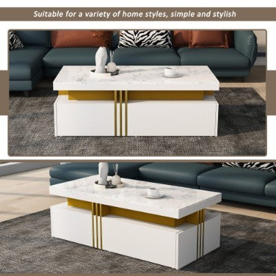Modern White Rectangular Coffee Table With Marble Pattern Triamine Board Top And 2 Wooden Drawers, Living Room Table, 100x50x40cm