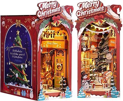 ROBOTIME DIY Miniature Dollhouse Wood Kit Book Nook Shelf Insert Kit, Christmas Street With LED Lights