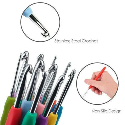9Pcs Crochet Hooks Set Soft Grip Handles Knitting Needles Aluminum Multi Color