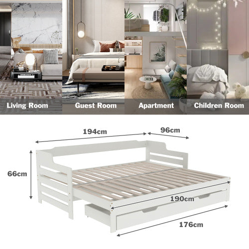 Daybed, Trundle And Drawer, Cabin Bed, SIngle Guest Bed Sofa Bed, Pull Out Trundle And Storage Drawer For Living Room And Bedroom -  3 90 X190 Cm - White