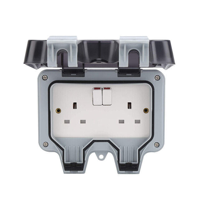 Weatherproof Outdoor Plug 13A 2 Gang Twin Switched Double Socket Outside Box UK