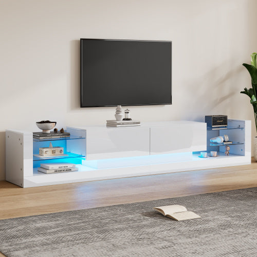 Open Glass Storage TV Stand With LED Lights For TV Cabinets Up To 75 Inches High Gloss Panel, Modern Minimalist Style Media Entertainment Center Console Cabinet Table With 2 Closed Sliding Door, White