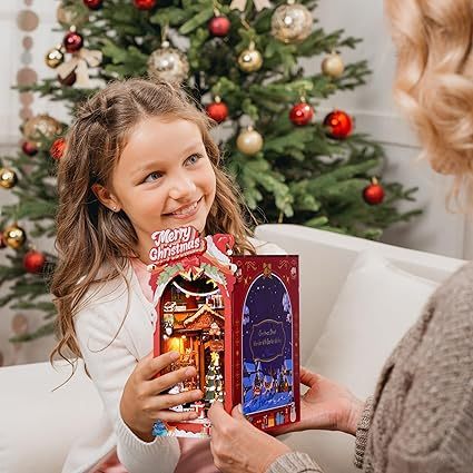 ROBOTIME DIY Miniature Dollhouse Wood Kit Book Nook Shelf Insert Kit, Christmas Street With LED Lights