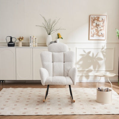Soft Teddy Fabric Tufted Upholstered Rocking Chair Padded Seat With Headrest For Living Room Bedroom,Ivory White