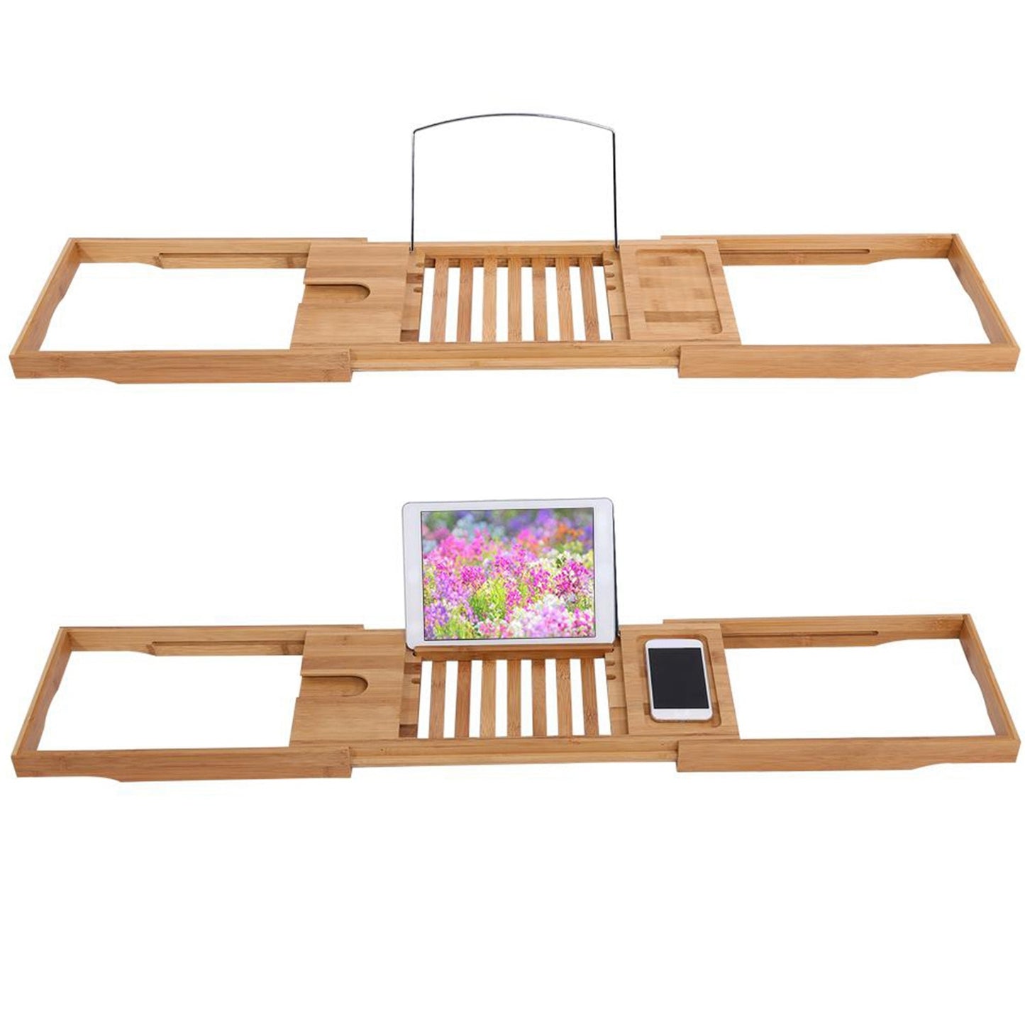 1Pc Extendable Bamboo Bathtub Rack Shelf Bathroom Shower Tub Book Reading Tray Stand