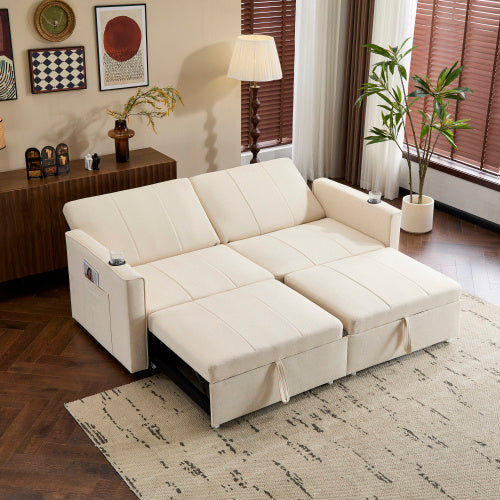 207cm King Size Independent Pull Out Sofa Bed, Convertible Fabric Sofa Chair With Cup Holders, Side Pockets, Fabric Loveseat Couch Chaise Lounge For Living Room, Apartment