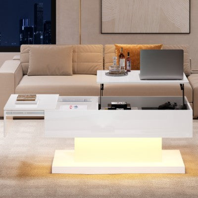 High Gloss Lift Up Top Coffee Table With Storage, Extendable Desktop Dinning Table 100 X 50 X 45 Cm, Height Adjustable Tabletop, Retractable Desk