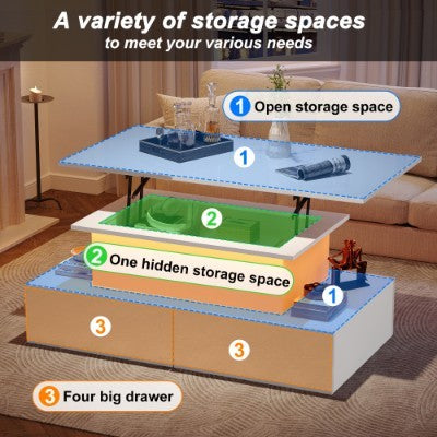 LED High Gloss Coffee Table With 4 Drawers, Lift Top Coffee Table, Wood Lifting Table Tea With Storage,Rectangular Coffee Table With Storage, 90 X 55 X 42.5 Cm, White