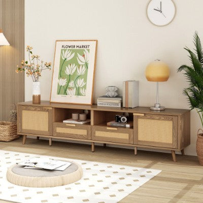 TV Console Table, Up To 90 Inches TV, TV Cabinet With Plastic Rattan Design, TV Cabinet With Solid Wooden Feet, Braided Rattan TV Boards