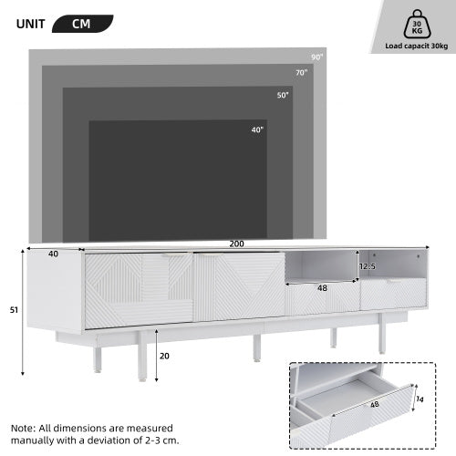 Modern Bohemian TV Cabinet, White Geometric Lines TV Stand, TV Entertainment Center With Storage Space, 200X40X51 Cm, Modern TV Stand For 90 Inch TVs, Console Media Cabinet For Living Room