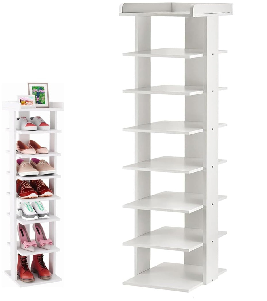 Tienily 7-Tier Narrow Shoe Rack, Wooden Shoe Shelf, Tall Slim Vertical Shoe Display Stand Holder For Entryway, Hallway, Home, Bedroom