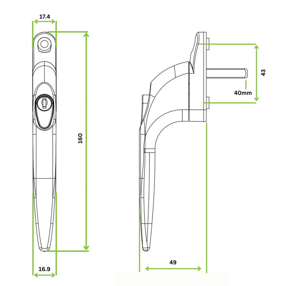 5 Cylinder UPVC Universal Window Handle Straight Lock Espag Double Glazing White