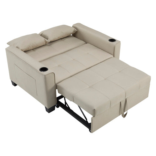 2 Seater Sofa Bed With Cup Holders, Pull Out Sleeper Sofa Convertible Fabric Sofa Chair Foldable Bed Settee For Living Room Apartment Mall Space, Beige