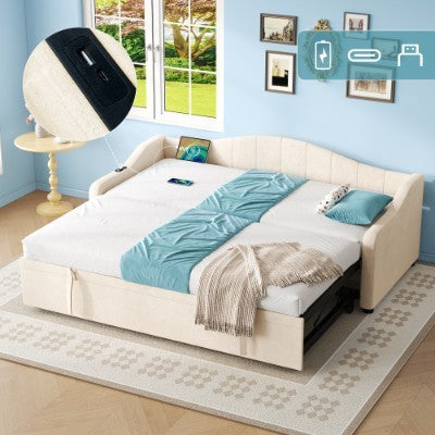 Upholstered Bed 90x190cm, Daybed, Sofa Bed With Charging Station, 3ft Single Velvet Bed With USB And Type - C Ports, Pull Out Trundle Bed For Living Room Bedroom Study Room, Beige No Mattress