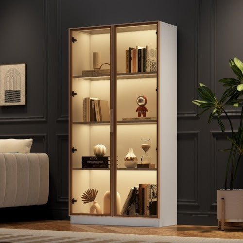 LED Display Cabinet, Clear Display Case For Figures, Storage Shelves With Tempered Glass Door, Storage Cabinet Floor Standing Transparent Showcase 160x80x40 Cm White