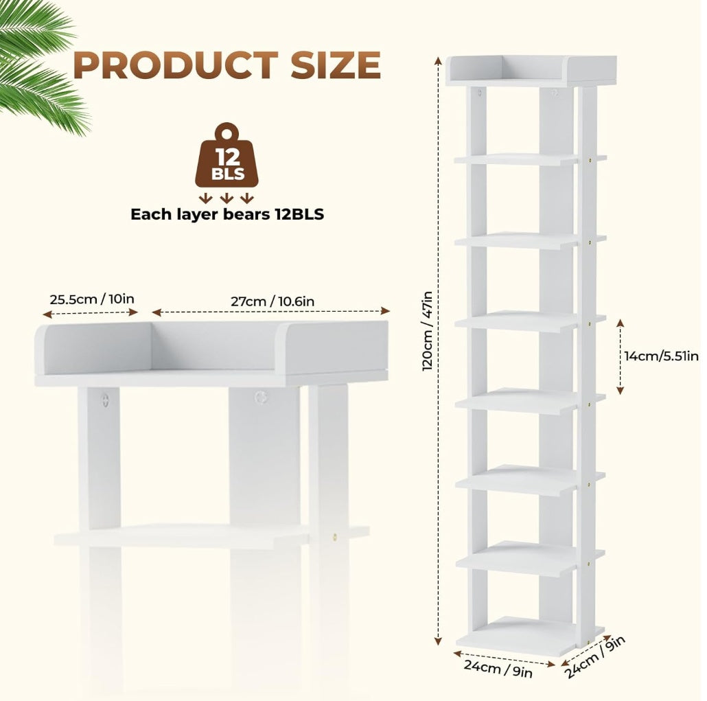 Tienily 7-Tier Narrow Shoe Rack, Wooden Shoe Shelf, Tall Slim Vertical Shoe Display Stand Holder For Entryway, Hallway, Home, Bedroom