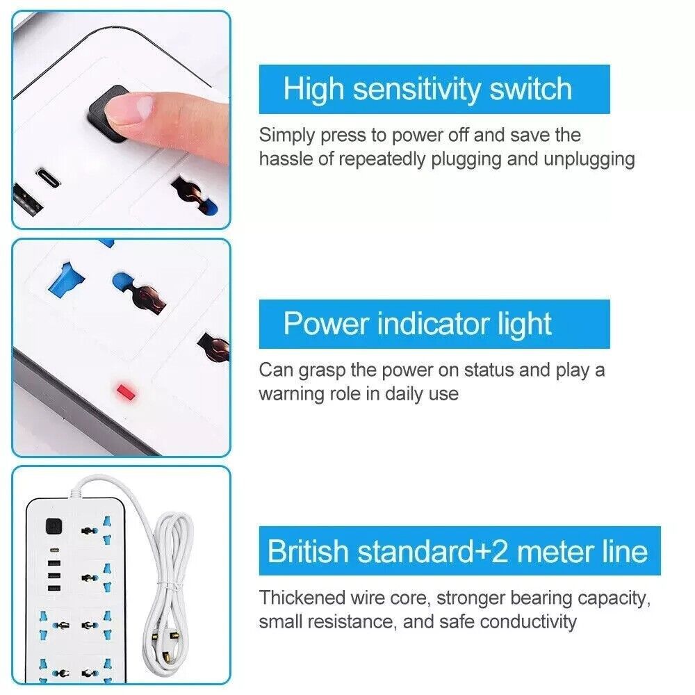 Extension Lead Cable Electric Mains Power 6 Gang Way 4 USB  Plug Socket