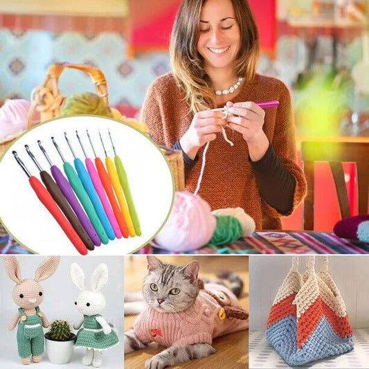 9Pcs Crochet Hooks Set Soft Grip Handles Knitting Needles Aluminum Multi Color