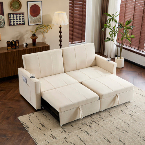 207cm King Size Independent Pull Out Sofa Bed, Convertible Fabric Sofa Chair With Cup Holders, Side Pockets, Fabric Loveseat Couch Chaise Lounge For Living Room, Apartment