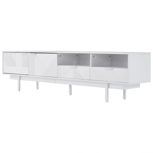 Modern Bohemian TV Cabinet, White Geometric Lines TV Stand, TV Entertainment Center With Storage Space, 200X40X51 Cm, Modern TV Stand For 90 Inch TVs, Console Media Cabinet For Living Room