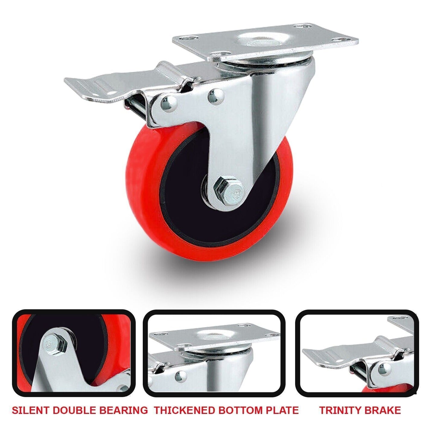 2PCS Double Bearing 700KG Rubber Swivel Brake Castor Wheel Trolley Caster