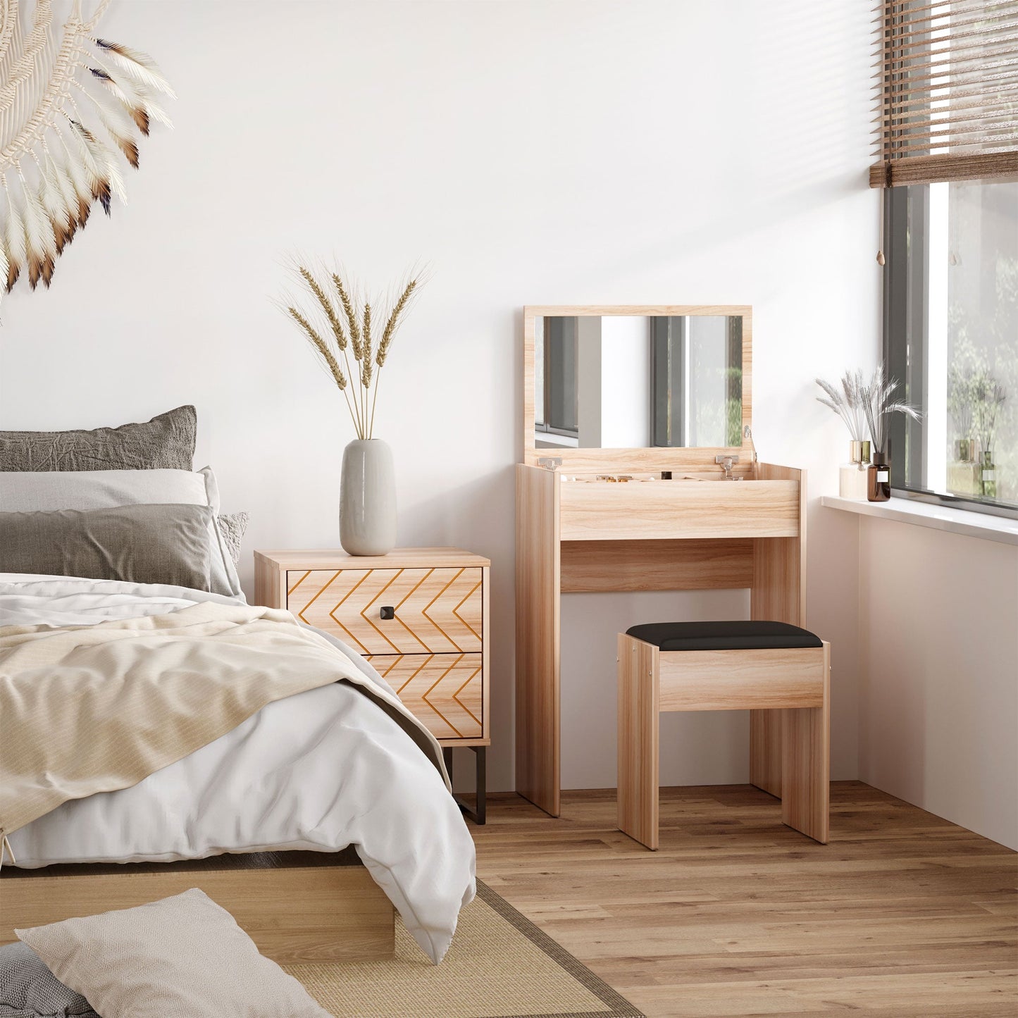 Dressing Table Set Padded Stool Dresser with Flip-up Mirror Multi-purpose - Wood Grain-1