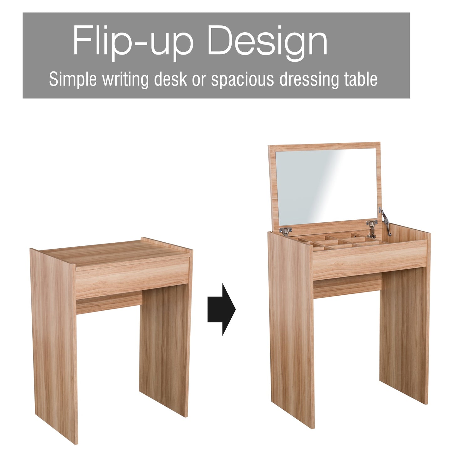 Dressing Table Set Padded Stool Dresser with Flip-up Mirror Multi-purpose - Wood Grain-3