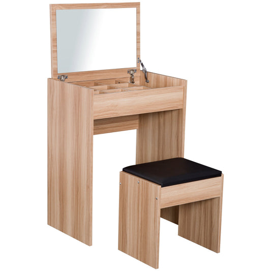 Dressing Table Set Padded Stool Dresser with Flip-up Mirror Multi-purpose - Wood Grain-0