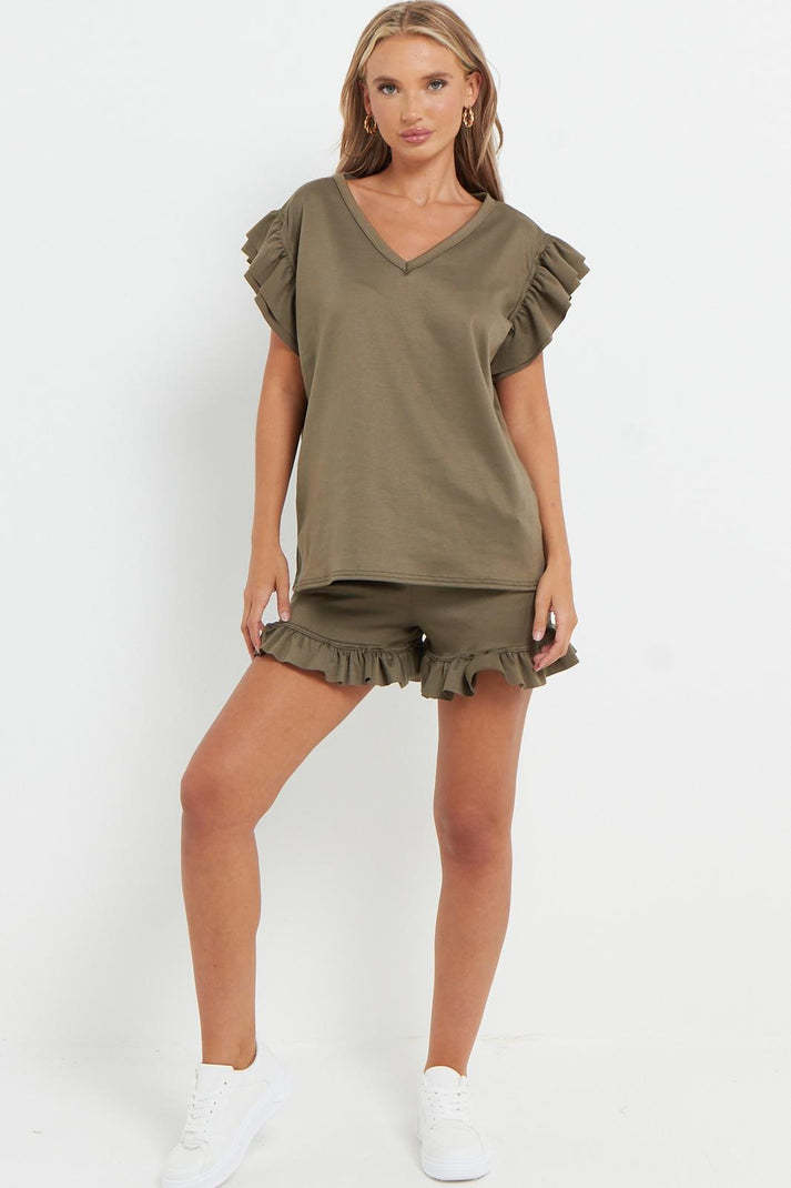 Ladies V Neck Frill Peplum Sleeve Top And Short 2 Piece Tracksuit Set