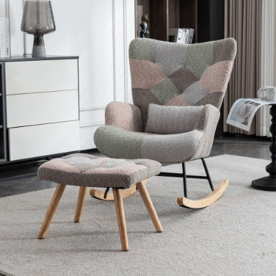 Rocking Chair, Fabric Relaxing Chair Wingback Accent Chair With Solid Wood Legs, Accent Armchair With Ottoman Single Sofa, Chair With Footstool And Pillow For Home Living Room Bedroom, Multicolour