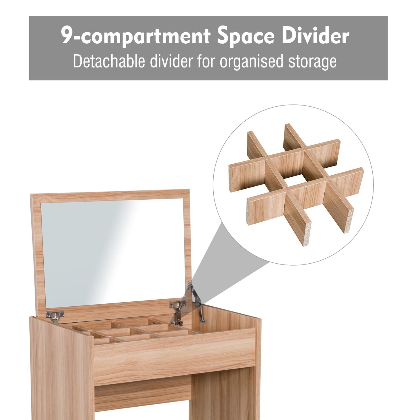 Dressing Table Set Padded Stool Dresser with Flip-up Mirror Multi-purpose - Wood Grain-4