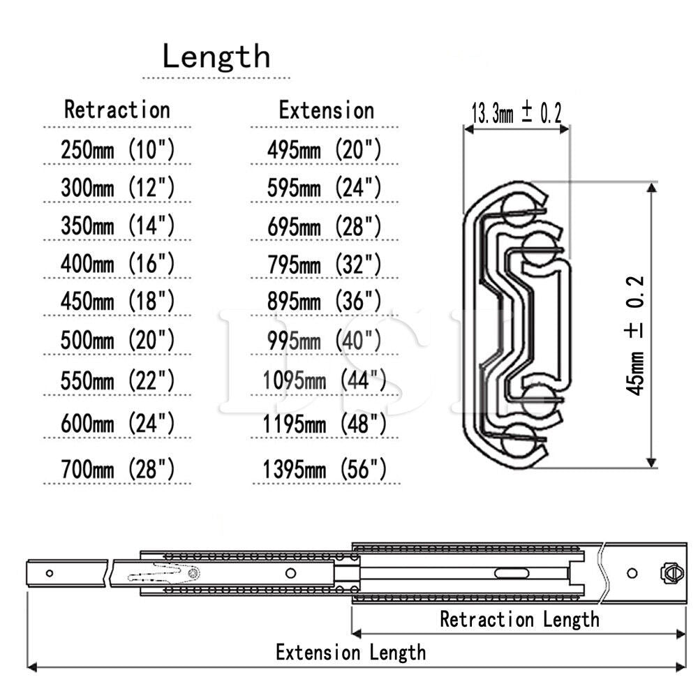 10-16 Heavy Duty Cold Rolled Steel Full Extension Ball Bearing Drawer Slides