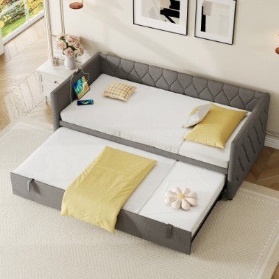 Upholstered Daybed, Sofa Bed With Charging Station, 3ft Single Button-tufted Bed With USB And Type - C Ports, Pull Out Trundle Bed For Living Room Bedroom Study Room, Linen, Grey No Mattress