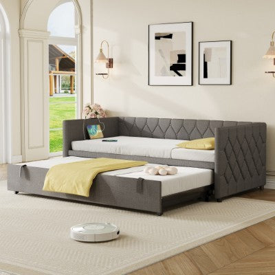Upholstered Daybed, Sofa Bed With Charging Station, 3ft Single Button-tufted Bed With USB And Type - C Ports, Pull Out Trundle Bed For Living Room Bedroom Study Room, Linen, Grey No Mattress