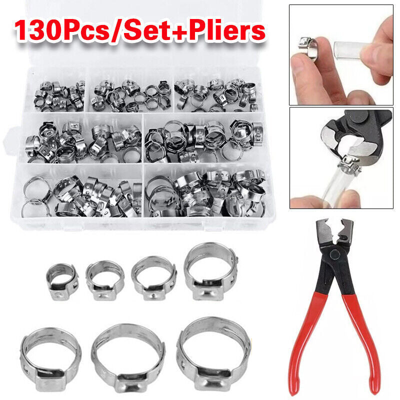 130x Single Ear Hose Clamps Assorted Stainless Steel O Fuel Pipe Clip Hose Plier