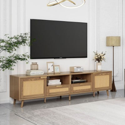 TV Console Table, Up To 90 Inches TV, TV Cabinet With Plastic Rattan Design, TV Cabinet With Solid Wooden Feet, Braided Rattan TV Boards