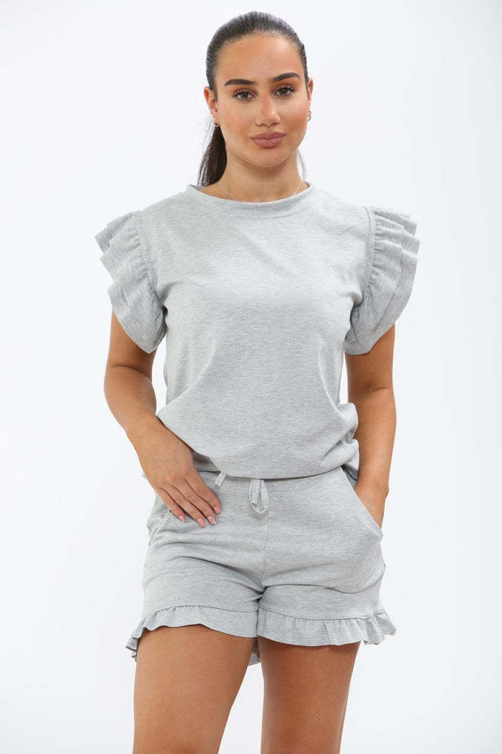 Ladies Frill Peplum Sleeve Top And Short 2 Piece Tracksuit Set