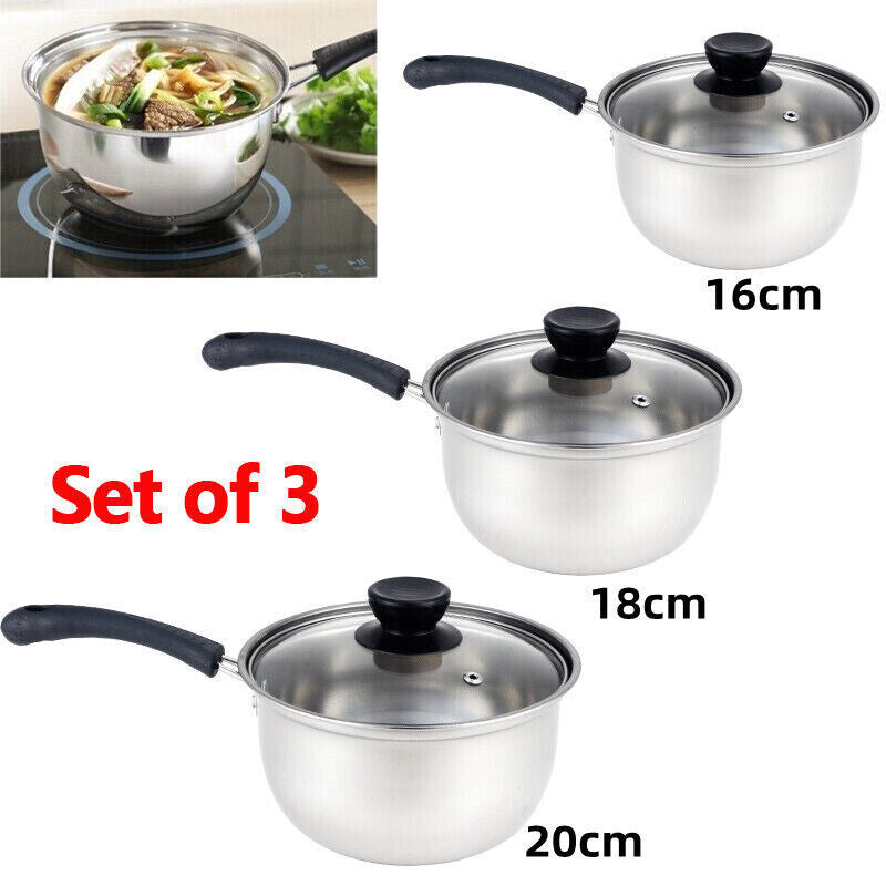 Set Of 3 Induction Non Stick Stainless Steel Cookware Kitchen Glass Lids Pot Pan