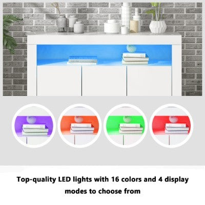 High Gloss White Sideboard Display Cabinet With LED Lights, Modern 3-Door Wood Buffet Cupboard Storage Unit With Remote Control For Kitchen Living Room Dining Room Hallway