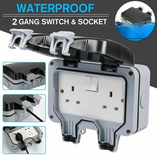 Weatherproof Outdoor Plug 13A 2 Gang Twin Switched Double Socket Outside Box UK